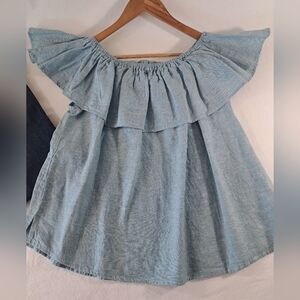 Harve Benard Washable Linen BLUE AQUA off the shoulder ruffled top NWT Large